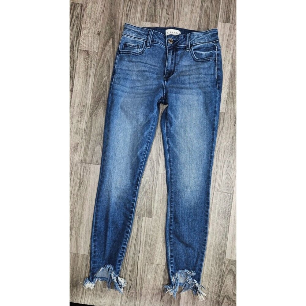 (3/$35) Cello Juniors Size 1 Fringe Hem Whiskered‎ Denim Blue Jeans